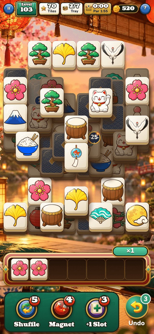 A Porcelain Trio board with layered porcelain tiles, a numbered countdown tile, and a 7-slot tray with two matching blossoms picked