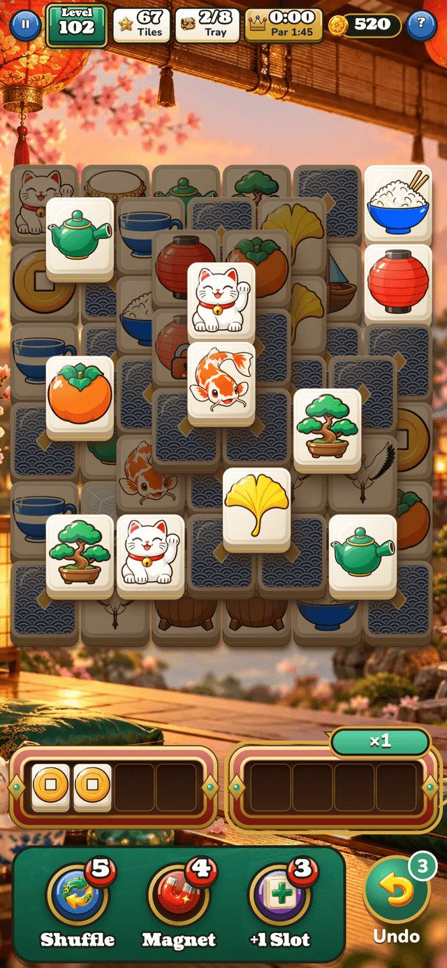 A board played with twin trays, each four slots wide, above the booster row